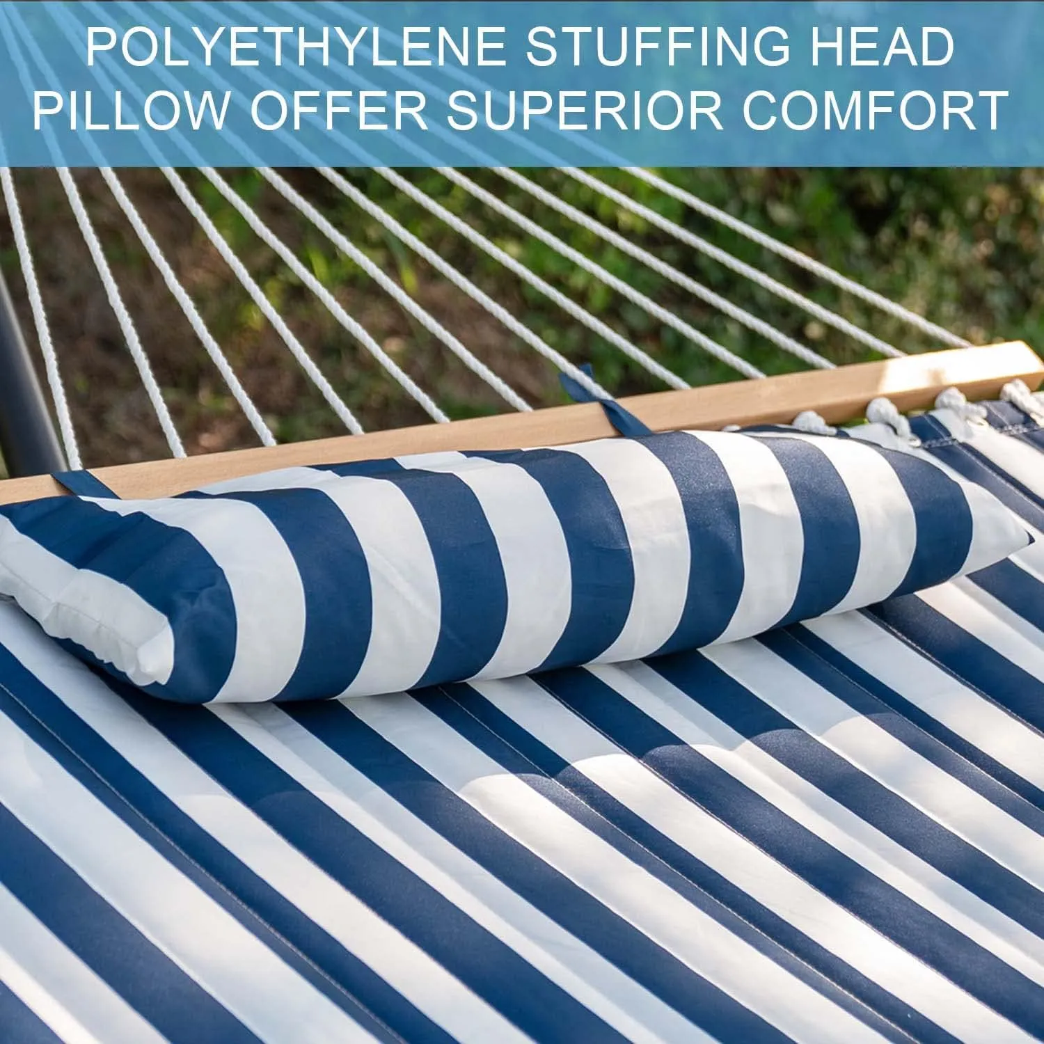 Lazy Daze 12 FT Quilted Double Hammock with Spreader Bar, 2-Person, 450 lbs Capacity, Blue White