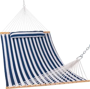 Lazy Daze 12 FT Quilted Double Hammock with Spreader Bar, 2-Person, 450 lbs Capacity, Blue White