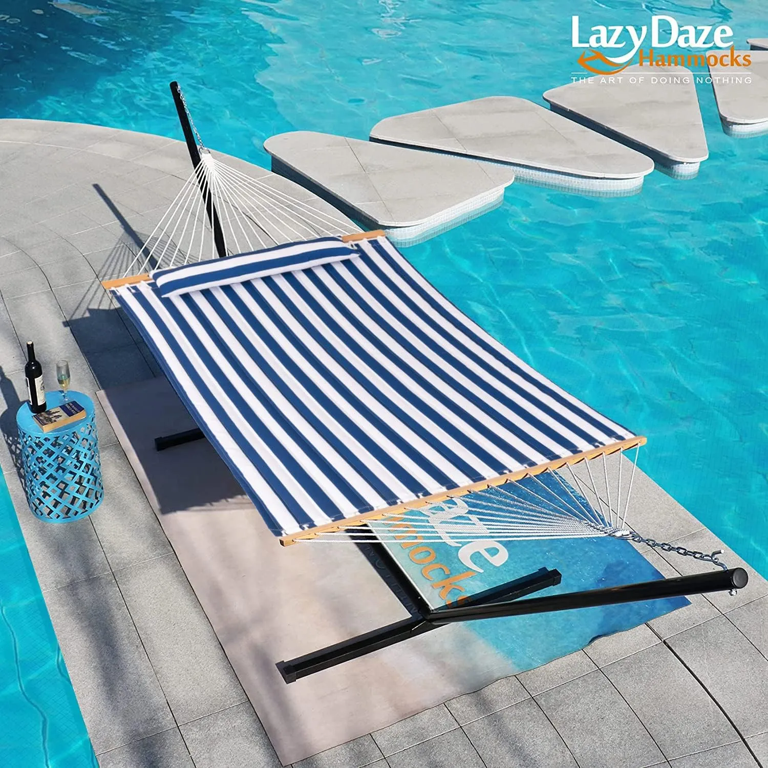 Lazy Daze 12 FT Quilted Double Hammock with Spreader Bar, 2-Person, 450 lbs Capacity, Blue White