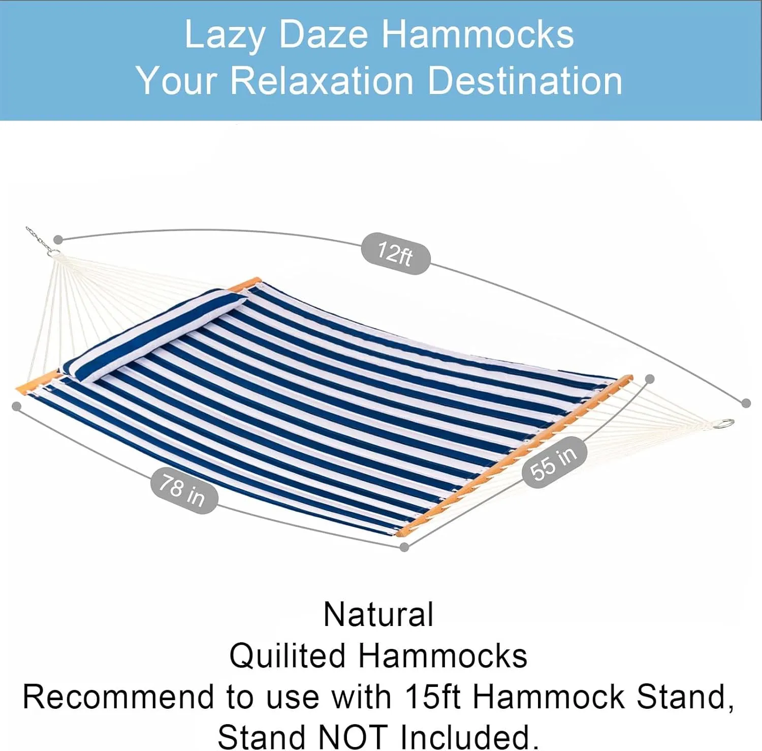 Lazy Daze 12 FT Quilted Double Hammock with Spreader Bar, 2-Person, 450 lbs Capacity, Blue White