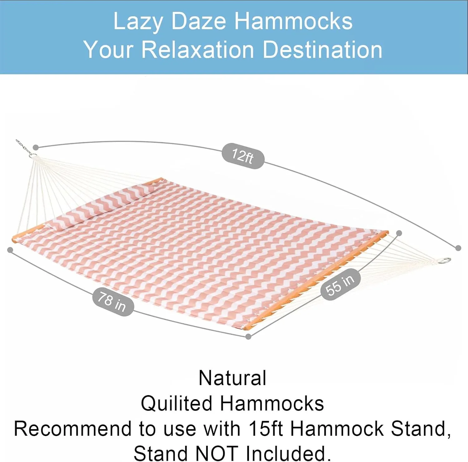 Lazy Daze 12 FT Quilted Double Hammock with Spreader Bar, 2-Person Outdoor Hammock for Patio, Poolside, Backyard, Beach - 450 lbs Capacity, Beige Wave