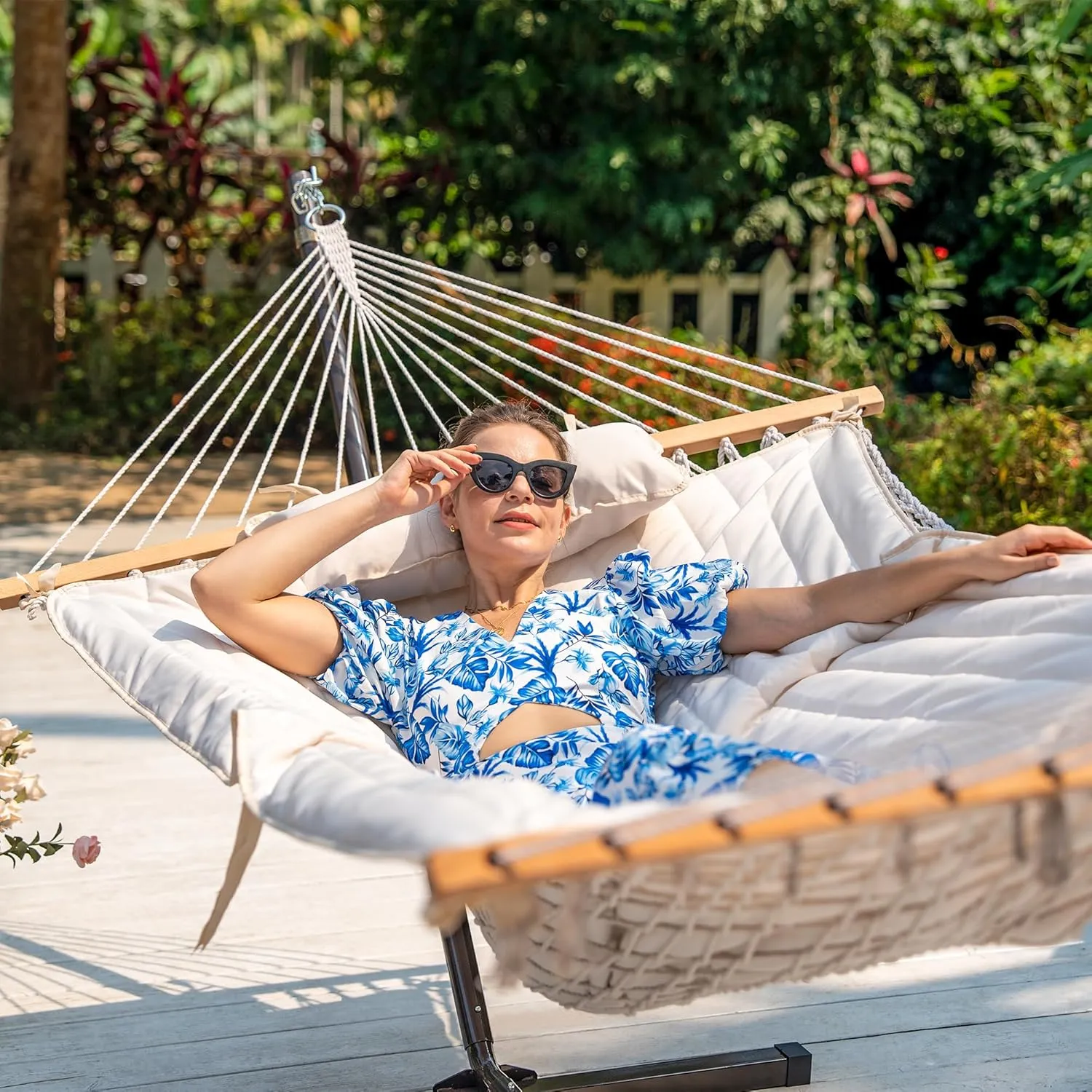 Lazy Daze 2 Person Hammock Pad With Pillow - Double Polyester Quilted 78" x 55" Replacement Pad for Rope Hammock, Cream
