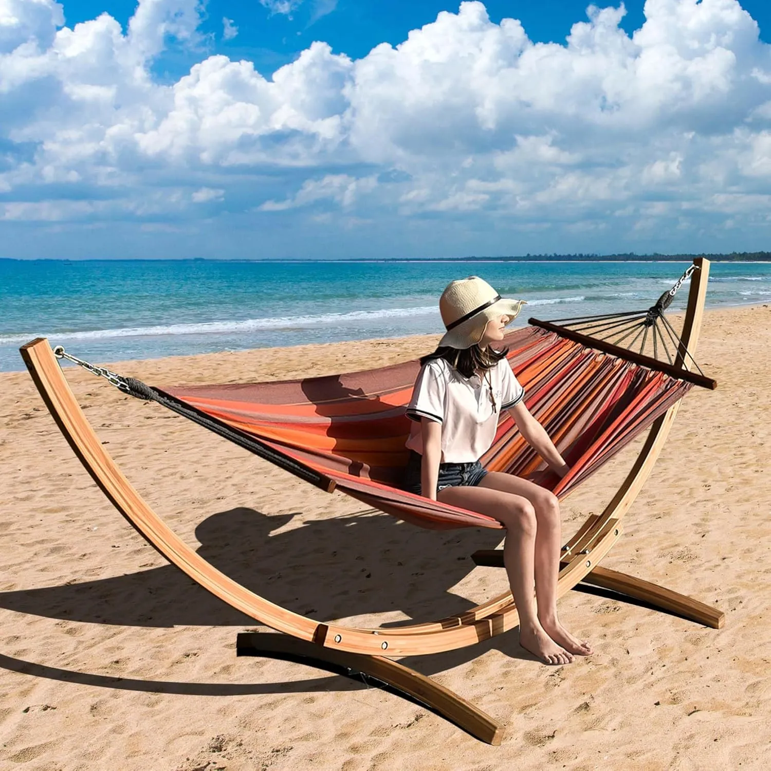 Lazy Daze Hammocks 10.5 FT Outdoor Arc Wood Hammock Stand, 2 Person Russian Pine Hardwood Hammock Stand with Carabiners and Chains, for Outdoor Patio Garden Poolside, 300lb Capacity,Natural