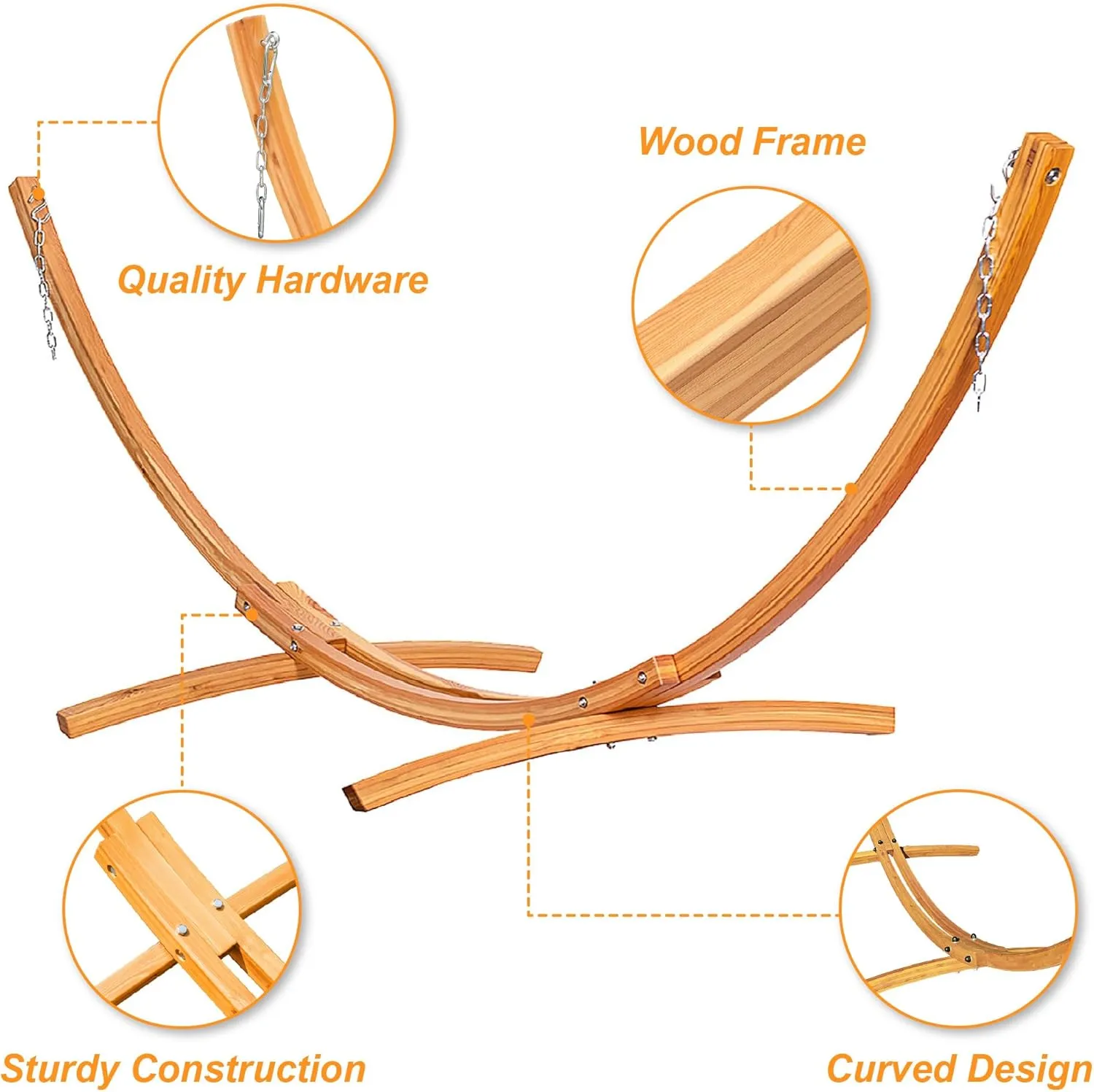 Lazy Daze Hammocks 10.5 FT Outdoor Arc Wood Hammock Stand, 2 Person Russian Pine Hardwood Hammock Stand with Carabiners and Chains, for Outdoor Patio Garden Poolside, 300lb Capacity,Natural