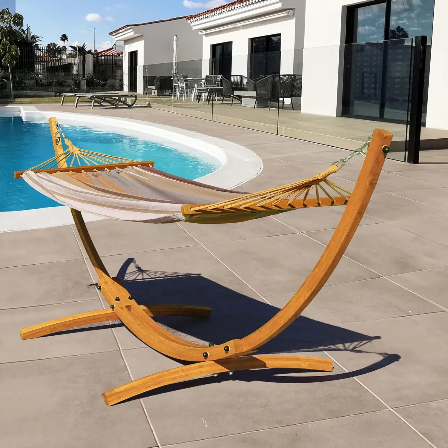 Lazy Daze Hammocks 10.5 FT Outdoor Arc Wood Hammock Stand, 2 Person Russian Pine Hardwood Hammock Stand with Carabiners and Chains, for Outdoor Patio Garden Poolside, 300lb Capacity,Natural