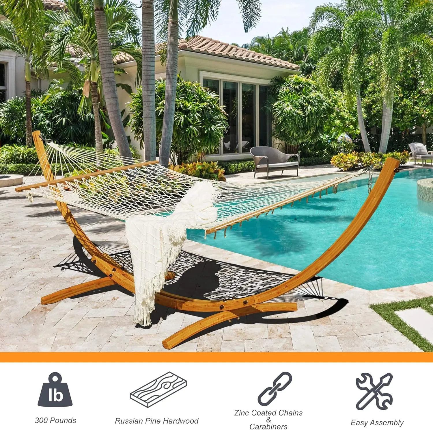 Lazy Daze Hammocks 10.5 FT Outdoor Arc Wood Hammock Stand, 2 Person Russian Pine Hardwood Hammock Stand with Carabiners and Chains, for Outdoor Patio Garden Poolside, 300lb Capacity,Natural