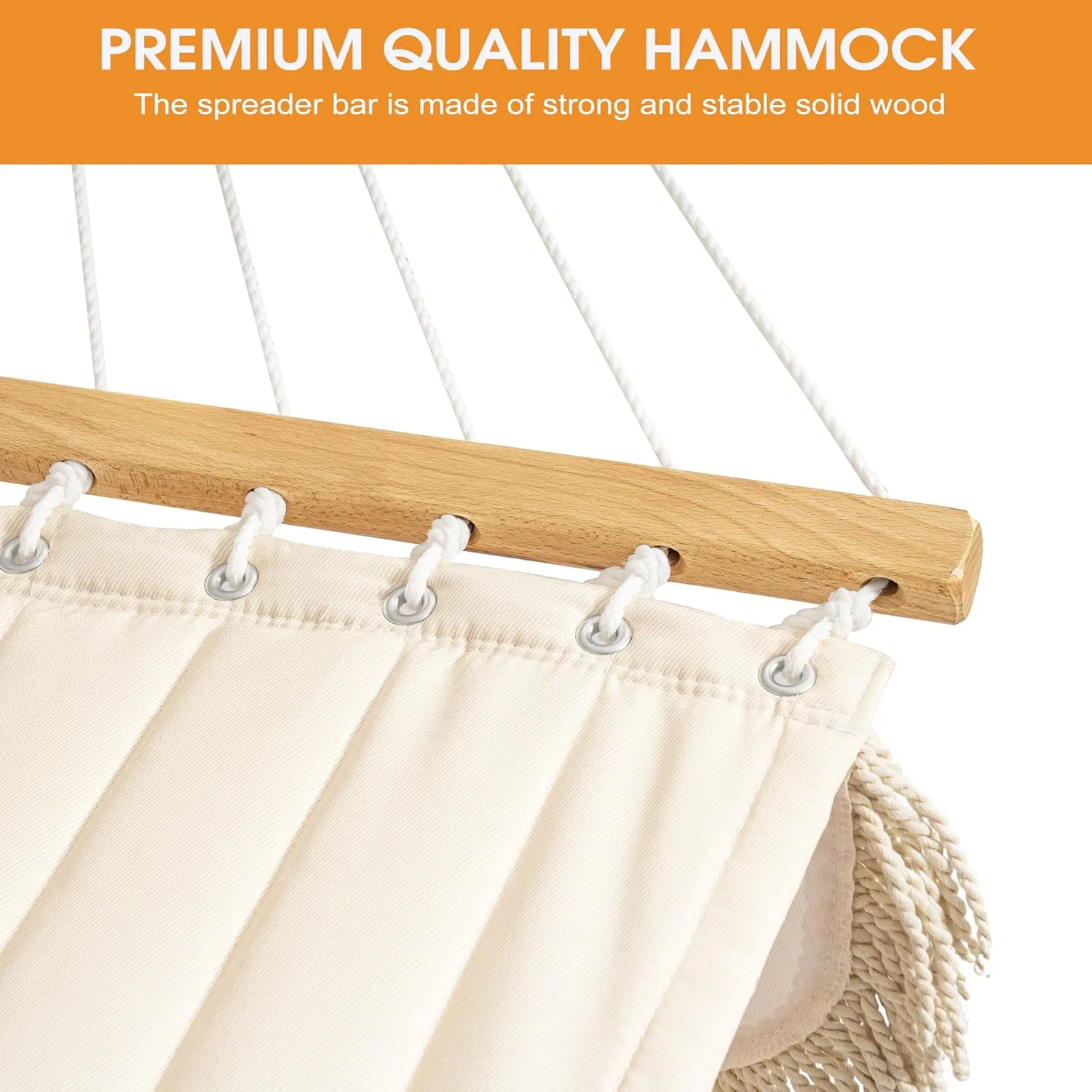 Lazy Daze Hammocks 12 FT Double Quilted Fabric Hammock with Hardwood Spreader Bar, Tassels, Soft Pillow, Chains, 2 Person Hammock for Outside Patio Backyard Poolside, 450 LBS Weight Capacity, Cream