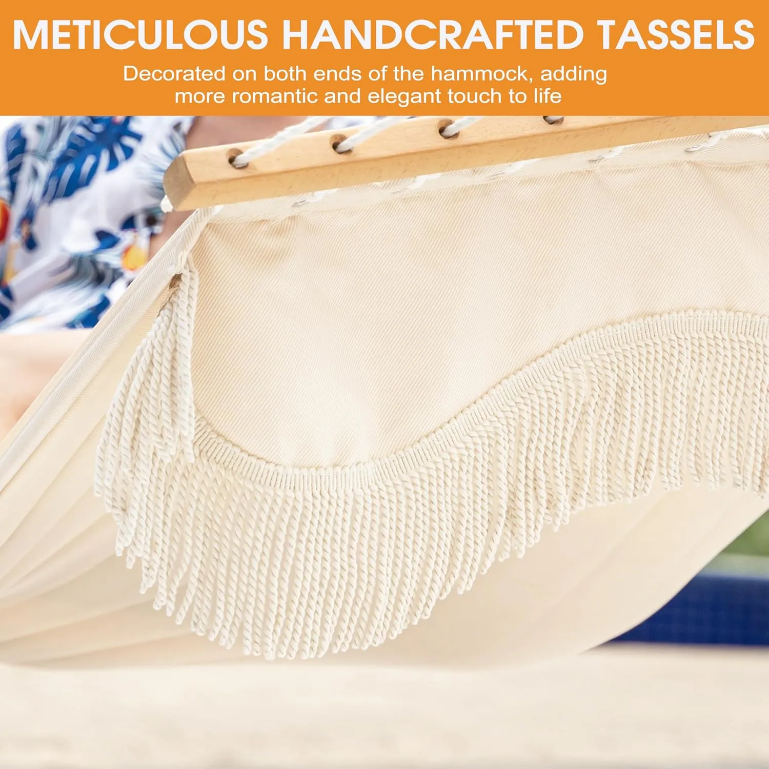 Lazy Daze Hammocks 12 FT Double Quilted Fabric Hammock with Hardwood Spreader Bar, Tassels, Soft Pillow, Chains, 2 Person Hammock for Outside Patio Backyard Poolside, 450 LBS Weight Capacity, Cream