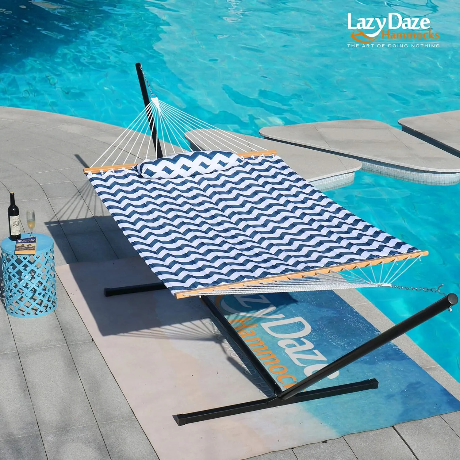 Lazy Daze Hammocks 12 FT Double Quilted Hammock with Spreader Bars and Detachable Pillow, 2 Person Hammock for Outdoor Patio Backyard Poolside, 450 LBS Weight Capacity, Blue Chevron Stripe