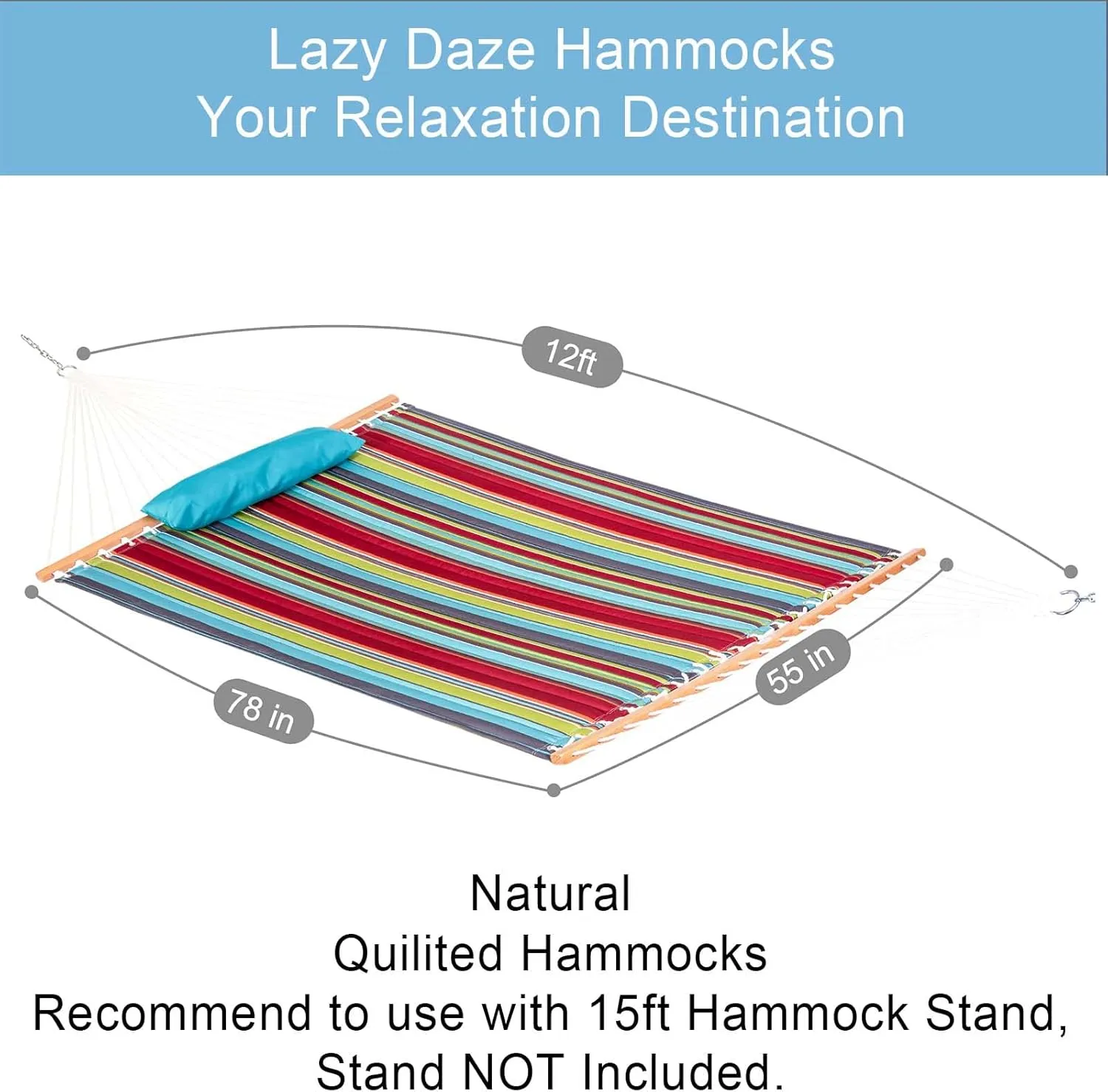 Lazy Daze Hammocks 12 FT Quilted Fabric Double Hammock with Spreader Bars and Detachable Pillow, 2 Person Hammock for Outdoor Patio Backyard Poolside, 450 LBS Weight Capacity, Blue&Red Stripes
