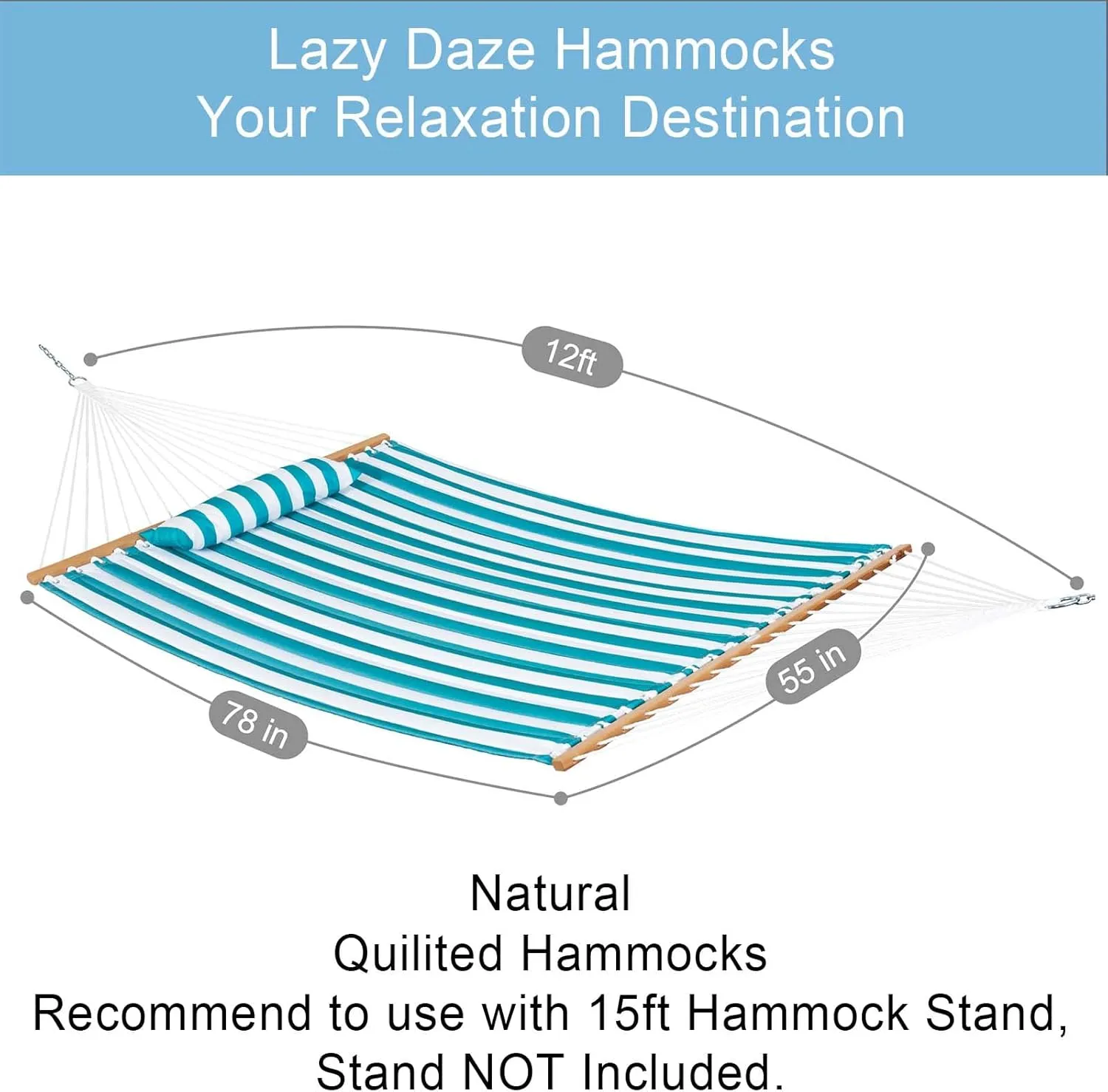 Lazy Daze Hammocks 12 FT Quilted Fabric Double Hammock with Spreader Bars and Detachable Pillow, 2 Person Hammock for Outdoor Patio Backyard Poolside, 450 LBS Weight Capacity, Sailor Stripe
