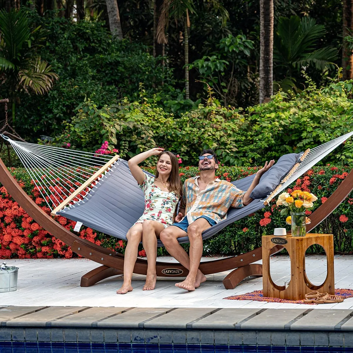 Lazy Daze Hammocks 12 FT Quilted Fabric Hammock with Spreader Bar, 2-Person Double Hammock with Chains and Pillow, Outdoor Hammock for Outside Patio Poolside Backyard Beach, 450 lbs Capacity, Gray