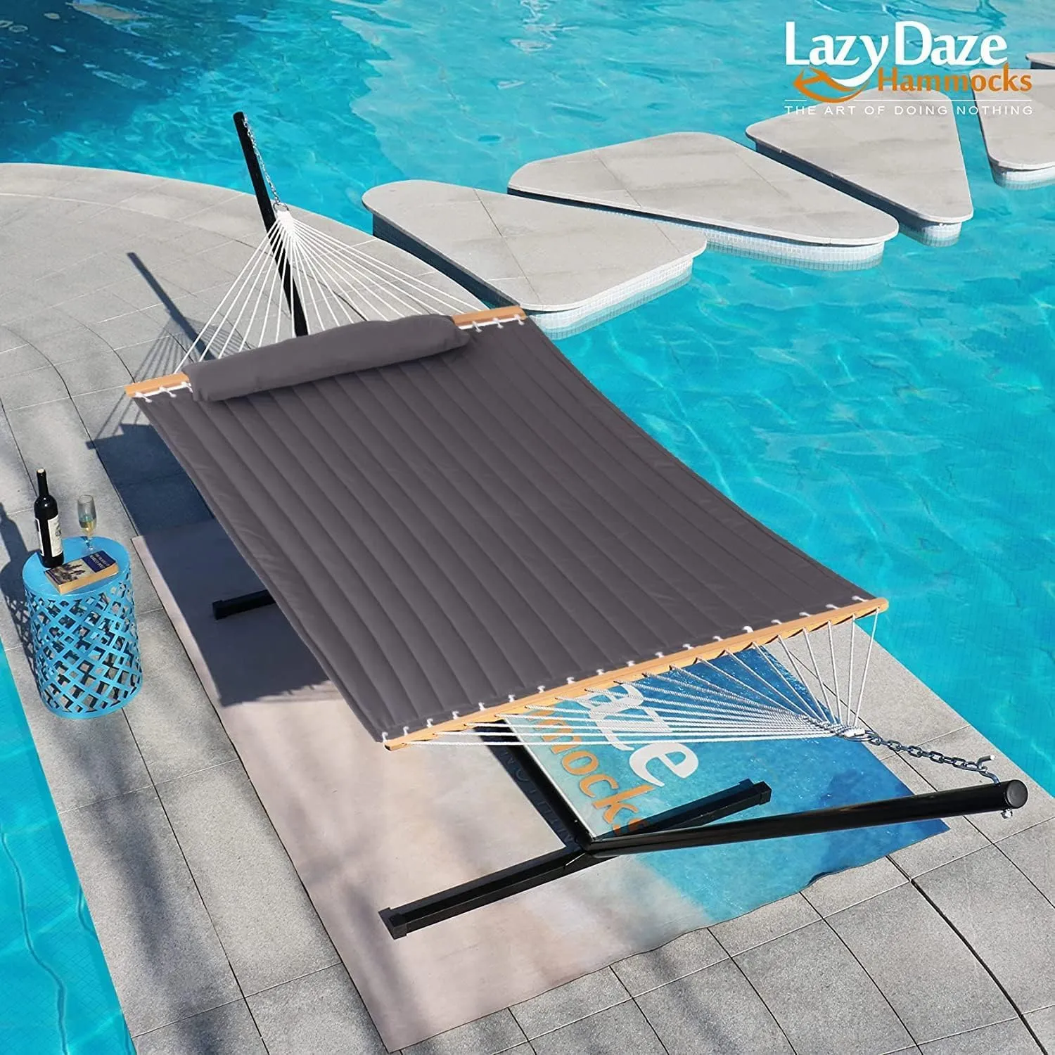Lazy Daze Hammocks 12 FT Quilted Fabric Hammock with Spreader Bar, 2-Person Double Hammock with Chains and Pillow, Outdoor Hammock for Outside Patio Poolside Backyard Beach, 450 lbs Capacity, Gray
