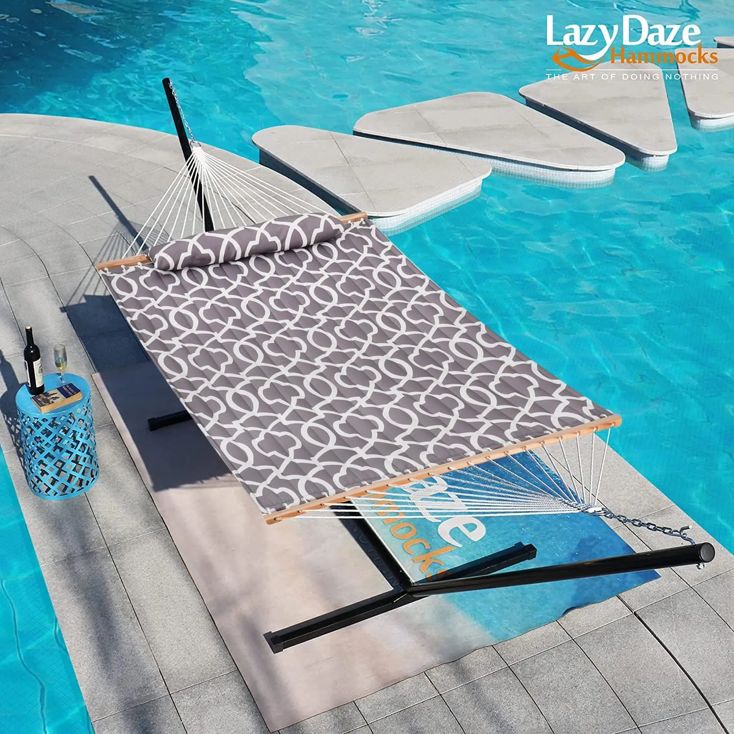 Lazy Daze Hammocks 12FT Quilted Fabric Hammock with Pillow, Double 2 Person Hammock with Spreader Bar for Outdoor Outside Patio Garden Yard HMQF-001GF