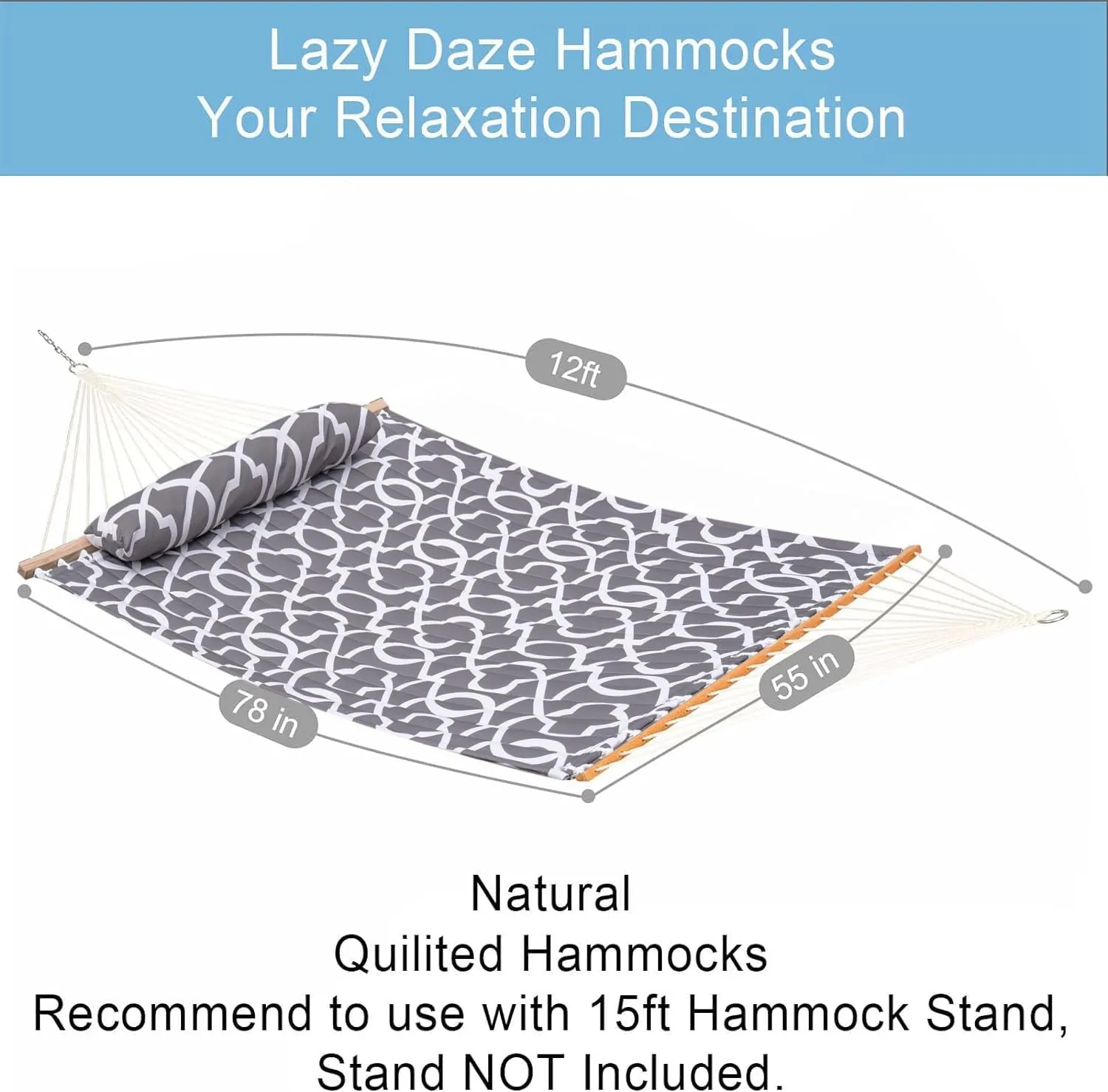 Lazy Daze Hammocks 12FT Quilted Fabric Hammock with Pillow, Double 2 Person Hammock with Spreader Bar for Outdoor Outside Patio Garden Yard HMQF-001GF