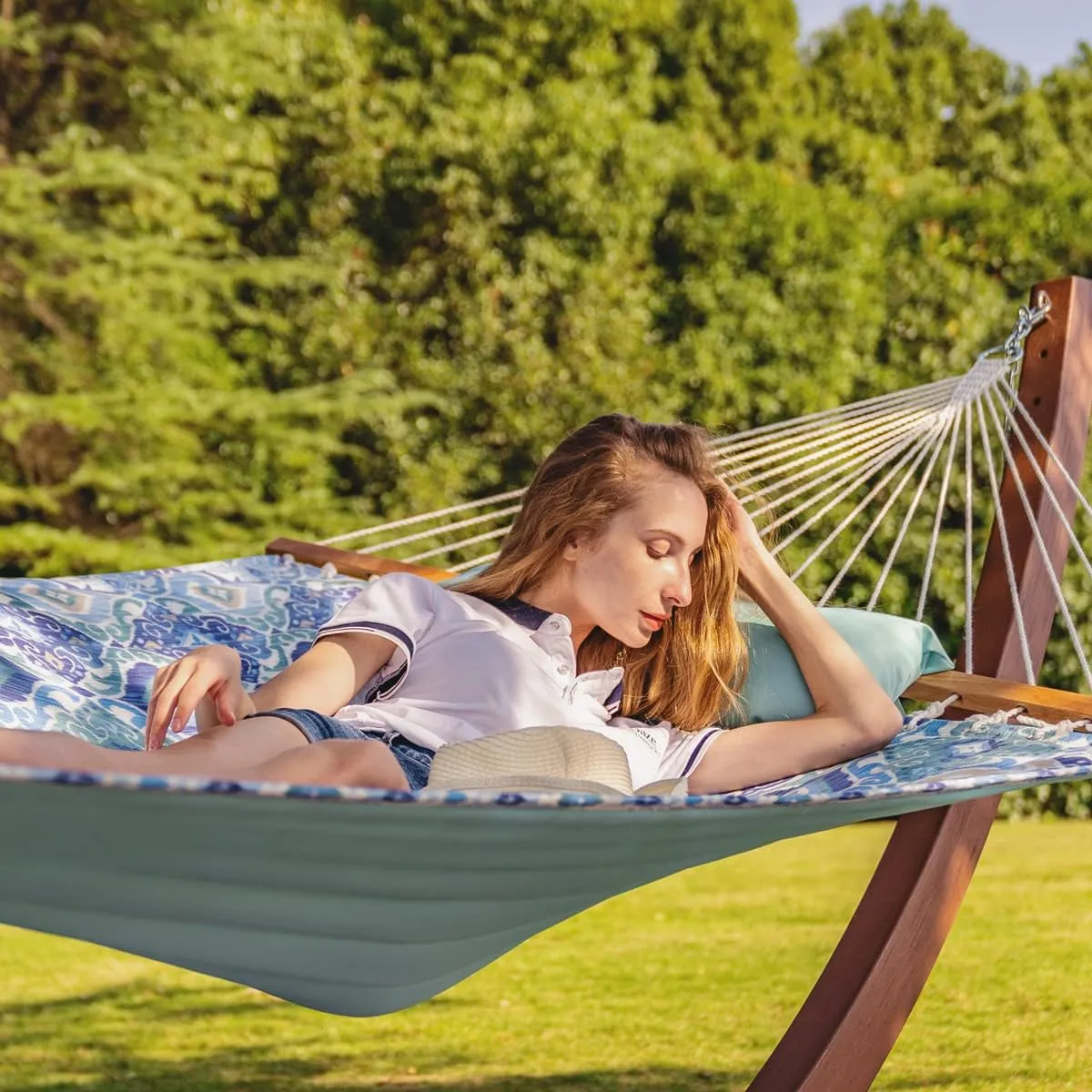 Lazy Daze Hammocks 12FT Quilted Fabric Hammock with Pillow, Double 2 Person Hammock with Spreader Bar for Outdoor Outside Patio Garden Yard Pool Beach QFH037