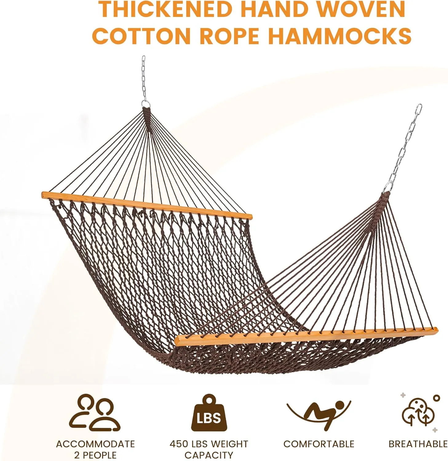 Lazy Daze Hammocks Double Rope Hammock, 2 Person Traditional Outdoor Hand Woven Cotton Rope Hammock with Spreader Bar, Chains, Tree Straps for Patio Yard - Max 450 Lbs, Brown