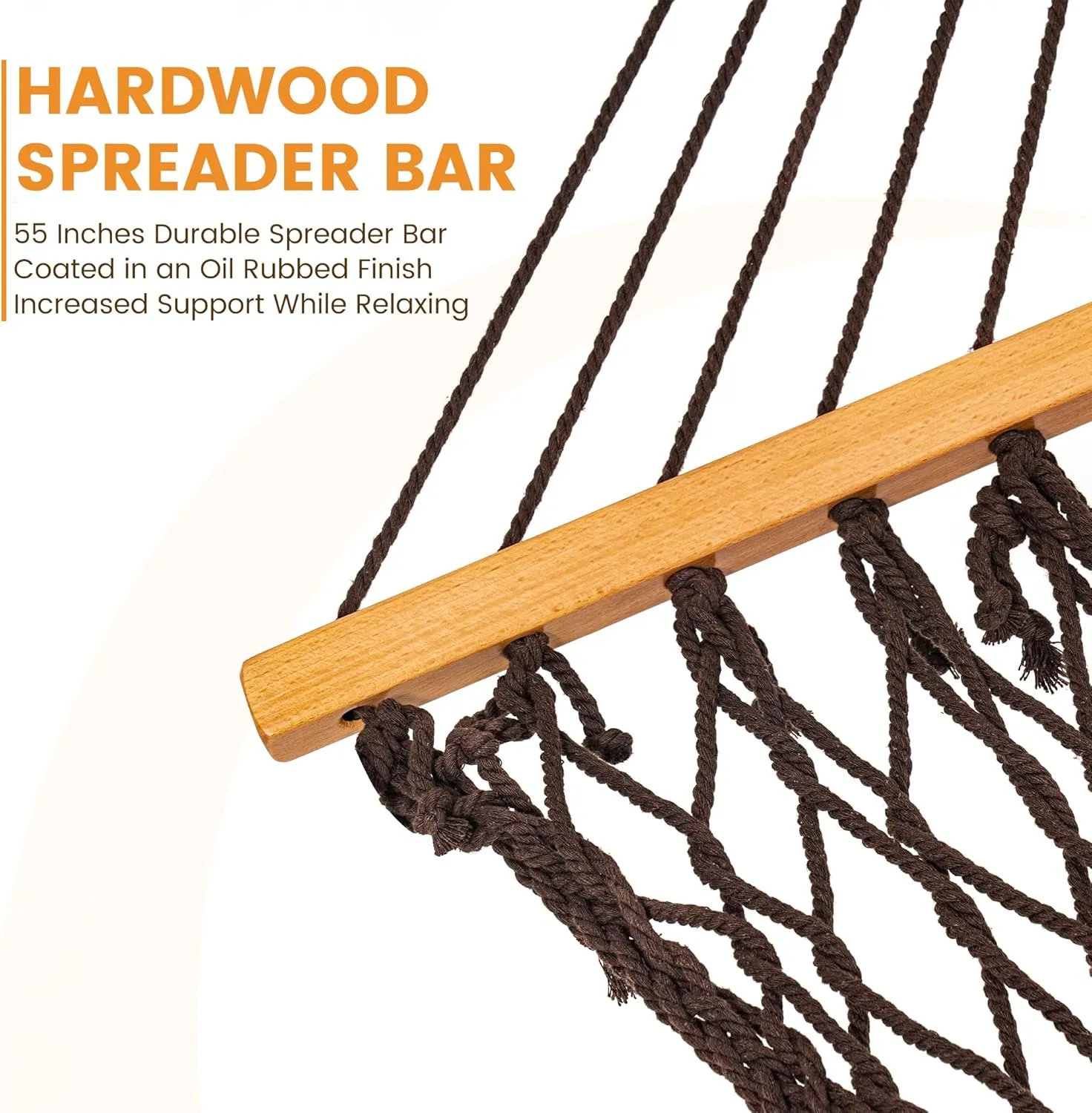 Lazy Daze Hammocks Double Rope Hammock, 2 Person Traditional Outdoor Hand Woven Cotton Rope Hammock with Spreader Bar, Chains, Tree Straps for Patio Yard - Max 450 Lbs, Brown