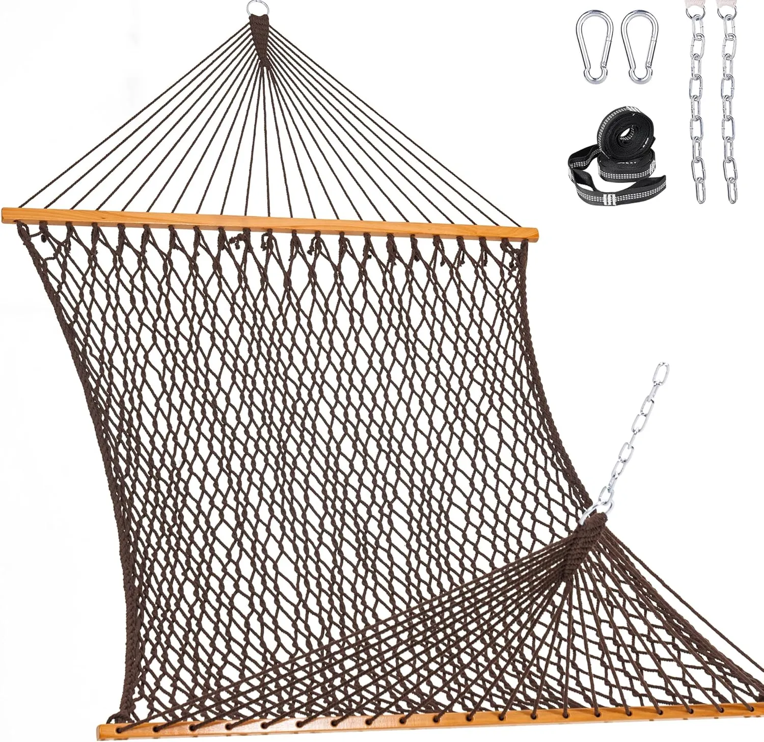 Lazy Daze Hammocks Double Rope Hammock, 2 Person Traditional Outdoor Hand Woven Cotton Rope Hammock with Spreader Bar, Chains, Tree Straps for Patio Yard - Max 450 Lbs, Brown