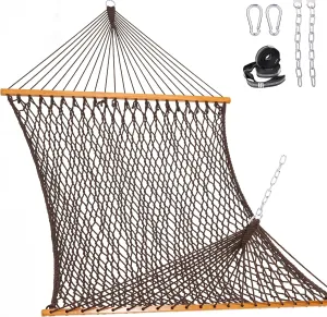 Lazy Daze Hammocks Double Rope Hammock, 2 Person Traditional Outdoor Hand Woven Cotton Rope Hammock with Spreader Bar, Chains, Tree Straps for Patio Yard - Max 450 Lbs, Brown