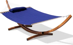 Lazy Daze Hammocks Outside 12 FT Double Quilted Hammock with Stand Included Curved Metal Heavy Duty Hammock Stand and Pillow for Outdoor 450 Lbs Capacity, Blue