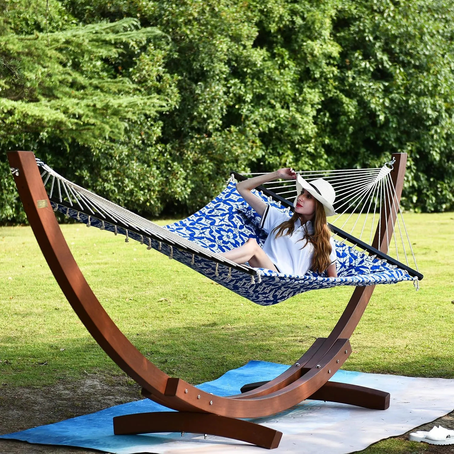 Lazy Daze Quilted Fabric Hammock with Spreader Bar, 2-Person Double Hammock for Outside Patio Poolside Backyard Beach, 450 lbs Capacity, QF48