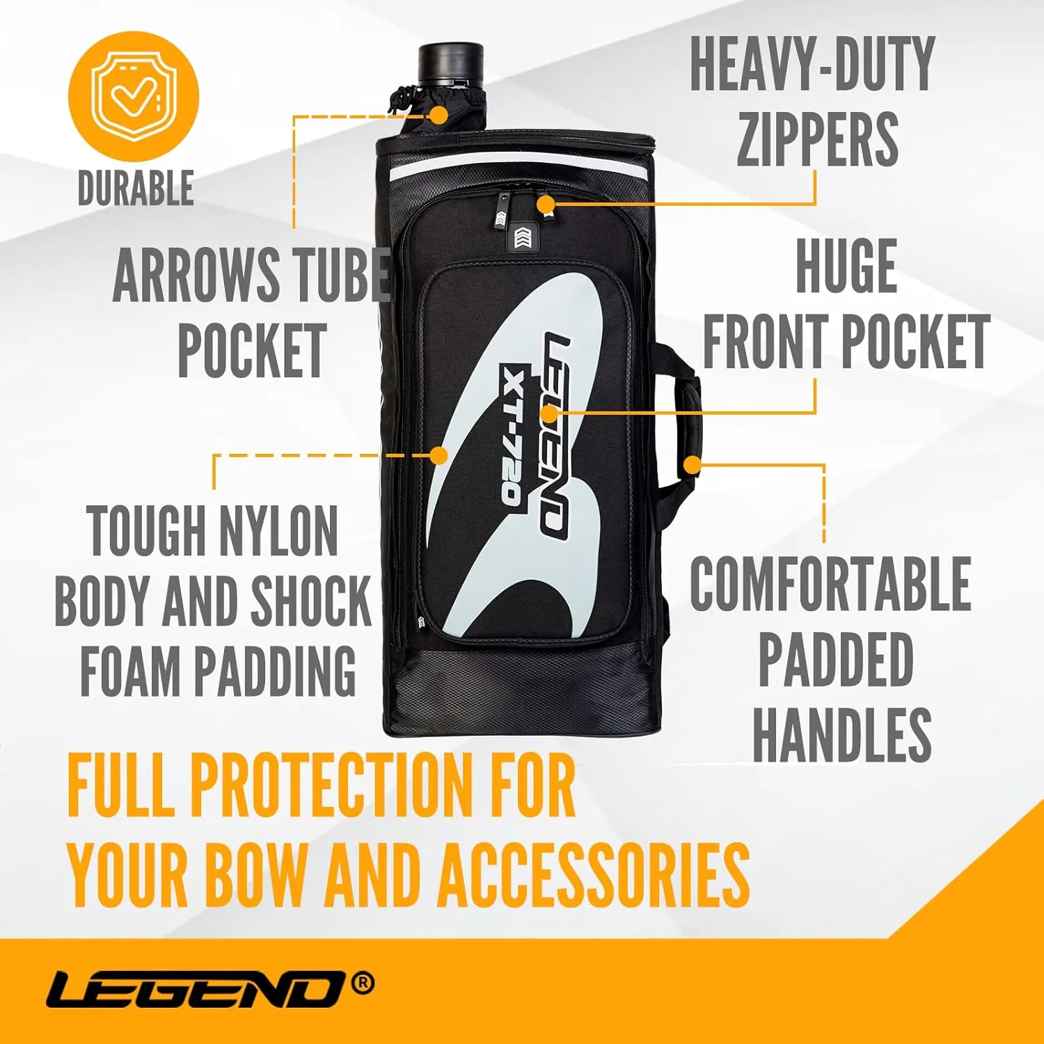 Legend XT720 Takedown Recurve Bow Case - Protective Nylon Archery Backpack Bag, Padded Recurve Bow and Arrow Case for Archery Accessories & Gears with Multiple Pockets, Arrow Tube Included