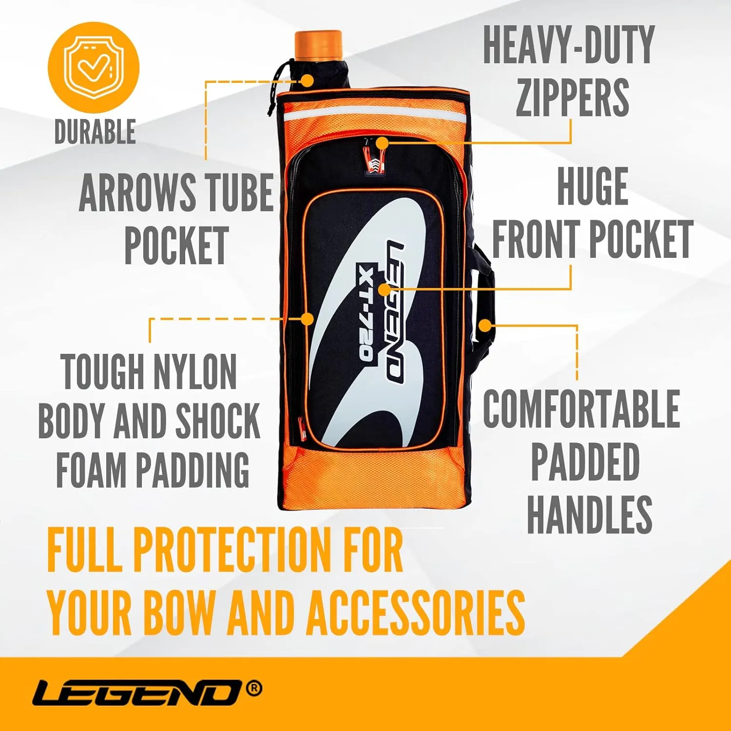 Legend XT720 Takedown Recurve Bow Case - Protective Nylon Archery Backpack Bag, Padded Recurve Bow and Arrow Case for Archery Accessories & Gears with Multiple Pockets, Arrow Tube Included