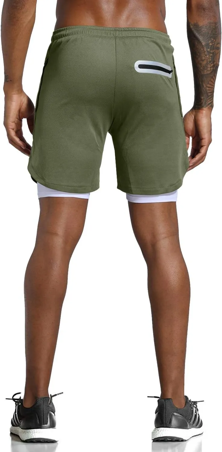 Leidowei Men's 2 in 1 Workout Running Shorts Lightweight Training Yoga Gym 7" Short with Zipper Pockets