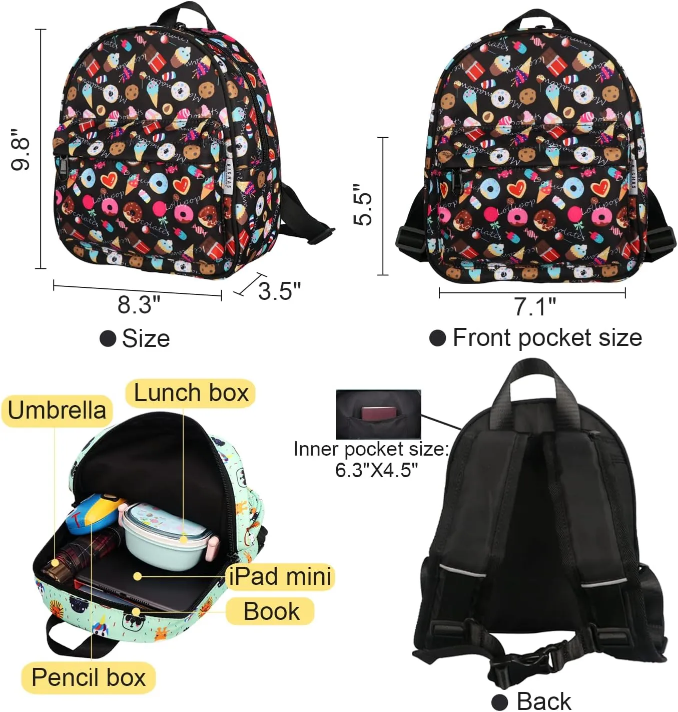 Lightweight Toddler Kids Backpack with Chest Strap For Boys and Girls, Preschool Kindergarten 3-6 Years Old 30 Colors (Dessert/Black)