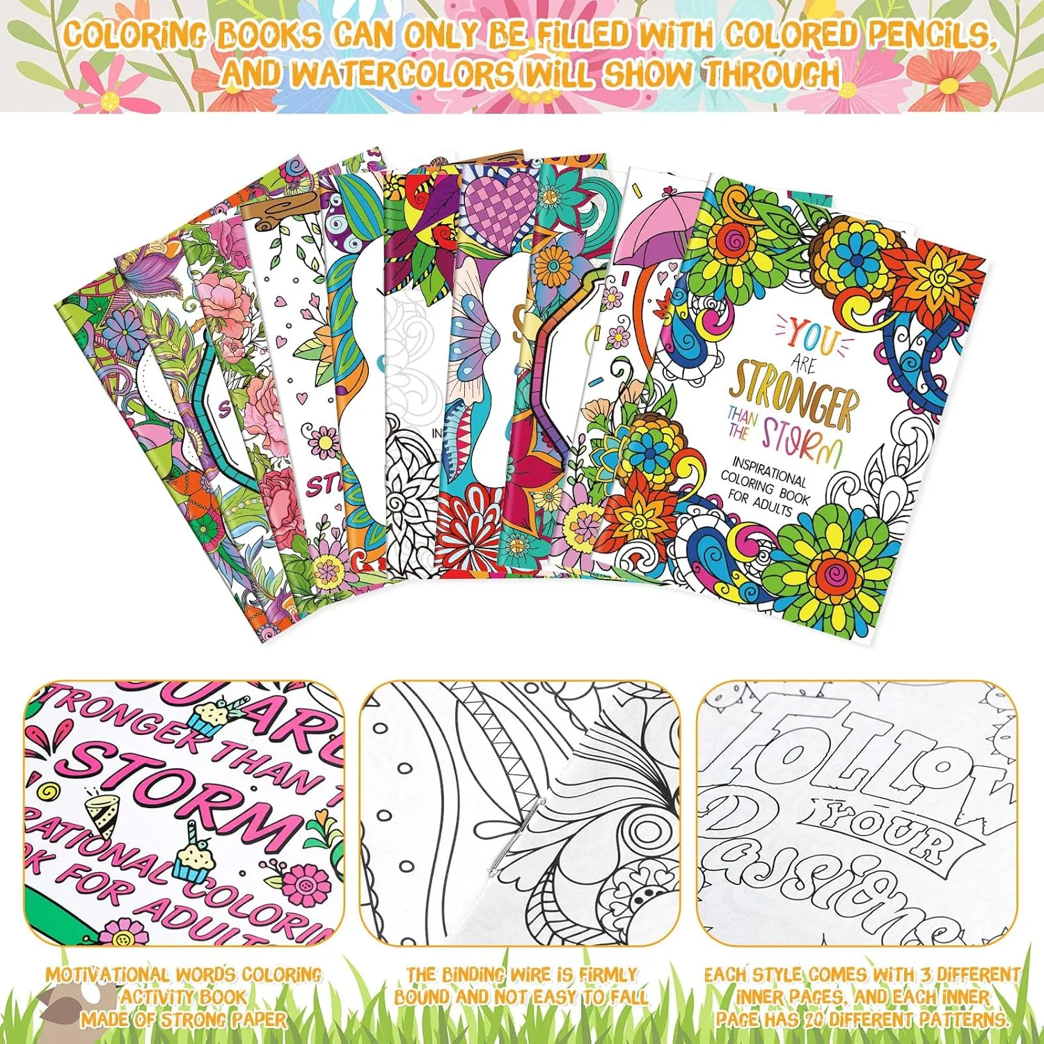Liliful Spring Coloring Book Bulk for Adult Kids DIY Art Stress Relief Drawing Book with Patterns for Adults, Party Favors, Goodie Bag Filler and Holiday Gifts(144 Pcs,Motivate)