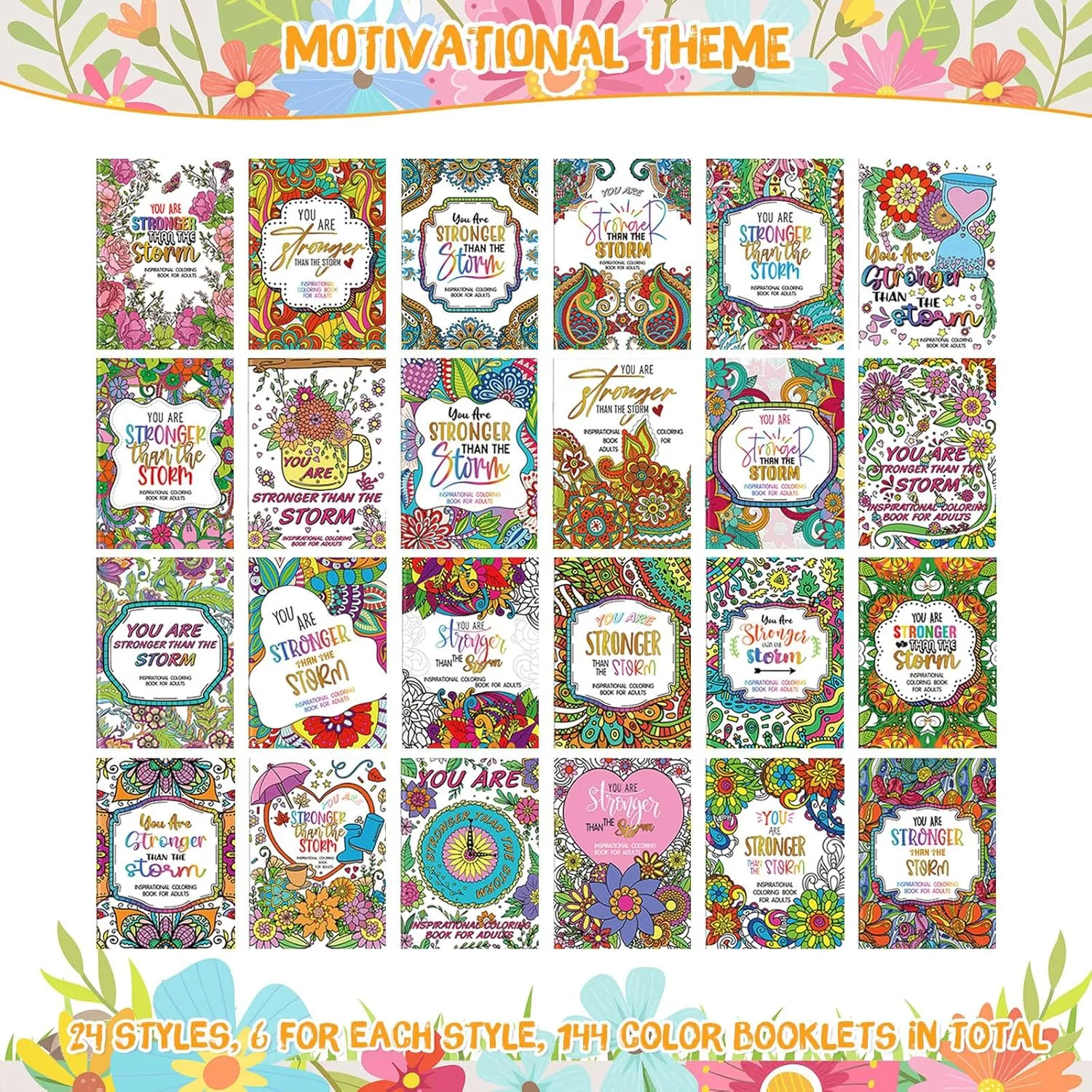 Liliful Spring Coloring Book Bulk for Adult Kids DIY Art Stress Relief Drawing Book with Patterns for Adults, Party Favors, Goodie Bag Filler and Holiday Gifts(144 Pcs,Motivate)