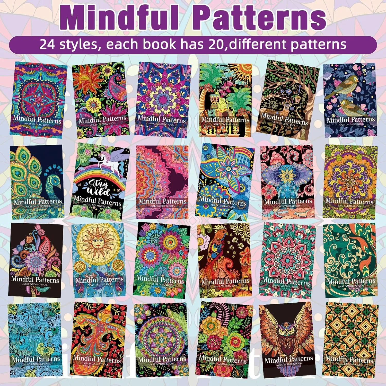 Liliful Spring Coloring Book Bulk for Adult Kids DIY Art Stress Relief Drawing Book with Patterns for Adults, Party Favors, Goodie Bag Filler and Holiday Gifts(24 Pcs,Mindful)