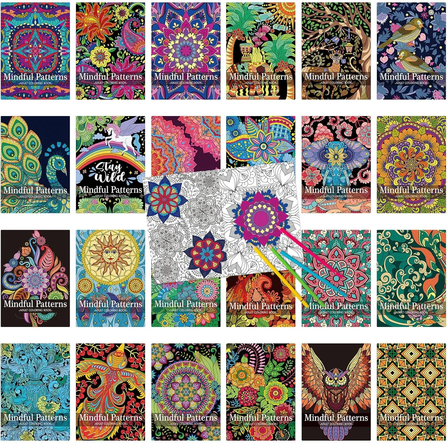 Liliful Spring Coloring Book Bulk for Adult Kids DIY Art Stress Relief Drawing Book with Patterns for Adults, Party Favors, Goodie Bag Filler and Holiday Gifts(24 Pcs,Mindful)