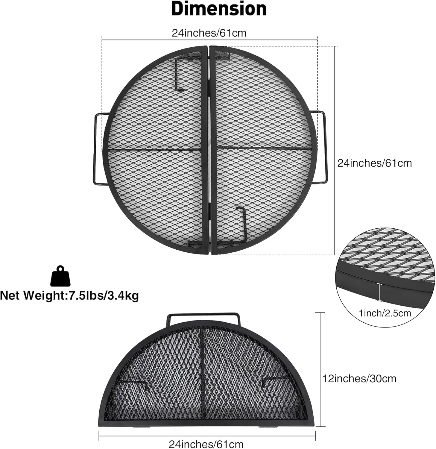 Lineslife X-Marks Fire Pit Cooking Grill Grates Portable, Heavy Duty Folding Round Campfire Grill Grate, Firepit Grill Grate with Handles for Outdoor BBQ Picnic, Black 24 Inch