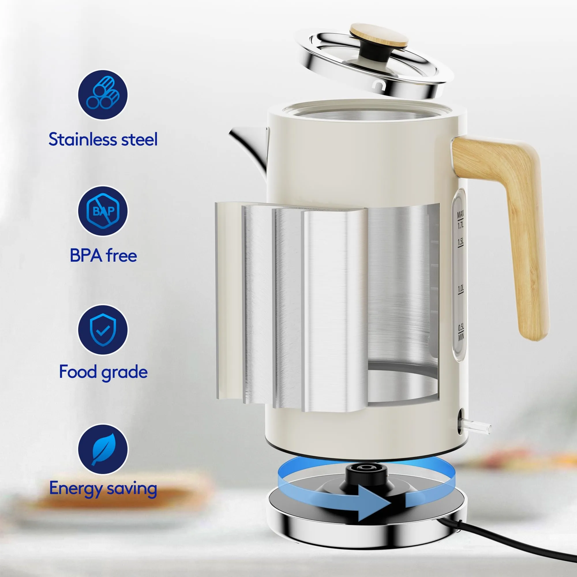 London Boutique Electric Kettles, White Fast Boil Electric kettle, Cordless Quiet Boil Kettle with Wood Effect, Stainless Steel Water Kettle Electric with Boil Dry Protection, UK Strix Controller,3KW
