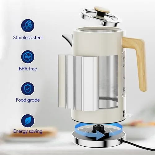 London Boutique Electric Kettles, White Fast Boil Electric kettle, Cordless Quiet Boil Kettle with Wood Effect, Stainless Steel Water Kettle Electric with Boil Dry Protection, UK Strix Controller,3KW
