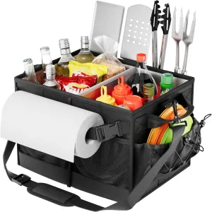Lorbro Grill Caddy, BBQ Caddy with Paper Towel Holder, Utensil Caddy with Condiment Pocket, Collapsible Picnic Basket Camping Gear Must Haves for Outdoor, Gift, Grilling Tool, Barbecue, RV, Black