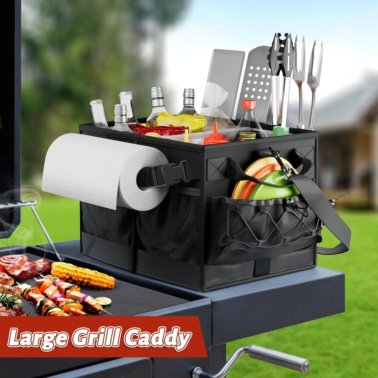 Lorbro Grill Caddy, BBQ Caddy with Paper Towel Holder, Utensil Caddy with Condiment Pocket, Collapsible Picnic Basket Camping Gear Must Haves for Outdoor, Gift, Grilling Tool, Barbecue, RV, Black
