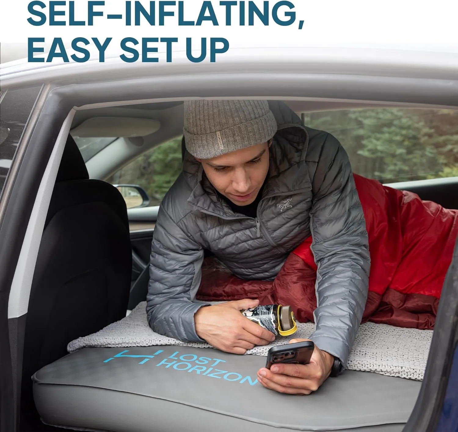 LOSTHORIZON Camping Air Mattress with Foam for Tesla, Self Inflating Sleeping Pad with Air Pump, 4.5" Thick, R-Value 13, Model 3