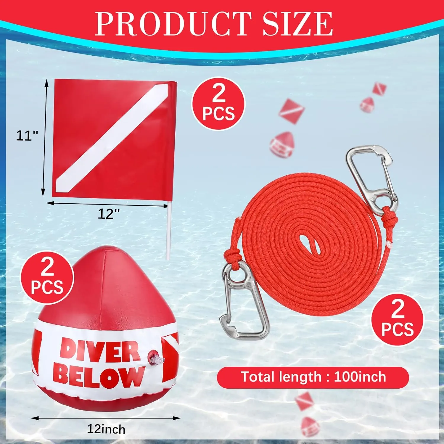 Maitys Heavy Duty PVC Dive Flag Float Freediving Rope Set Inflatable Signal Floater with Dive Flag Freediving Lanyard Leash for Snorkeling Water Sport Signaling Swimming Boating Fishing
