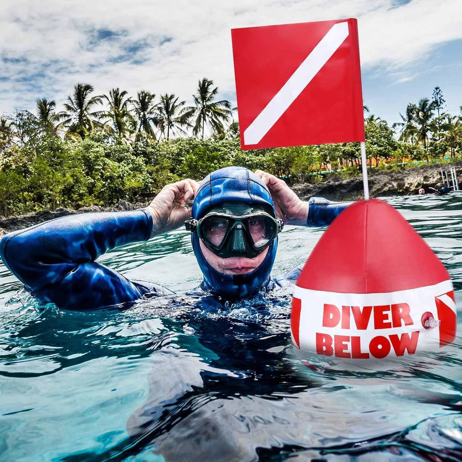 Maitys Heavy Duty PVC Dive Flag Float Freediving Rope Set Inflatable Signal Floater with Dive Flag Freediving Lanyard Leash for Snorkeling Water Sport Signaling Swimming Boating Fishing