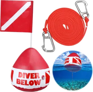 Maitys Heavy Duty PVC Dive Flag Float Freediving Rope Set Inflatable Signal Floater with Dive Flag Freediving Lanyard Leash for Snorkeling Water Sport Signaling Swimming Boating Fishing