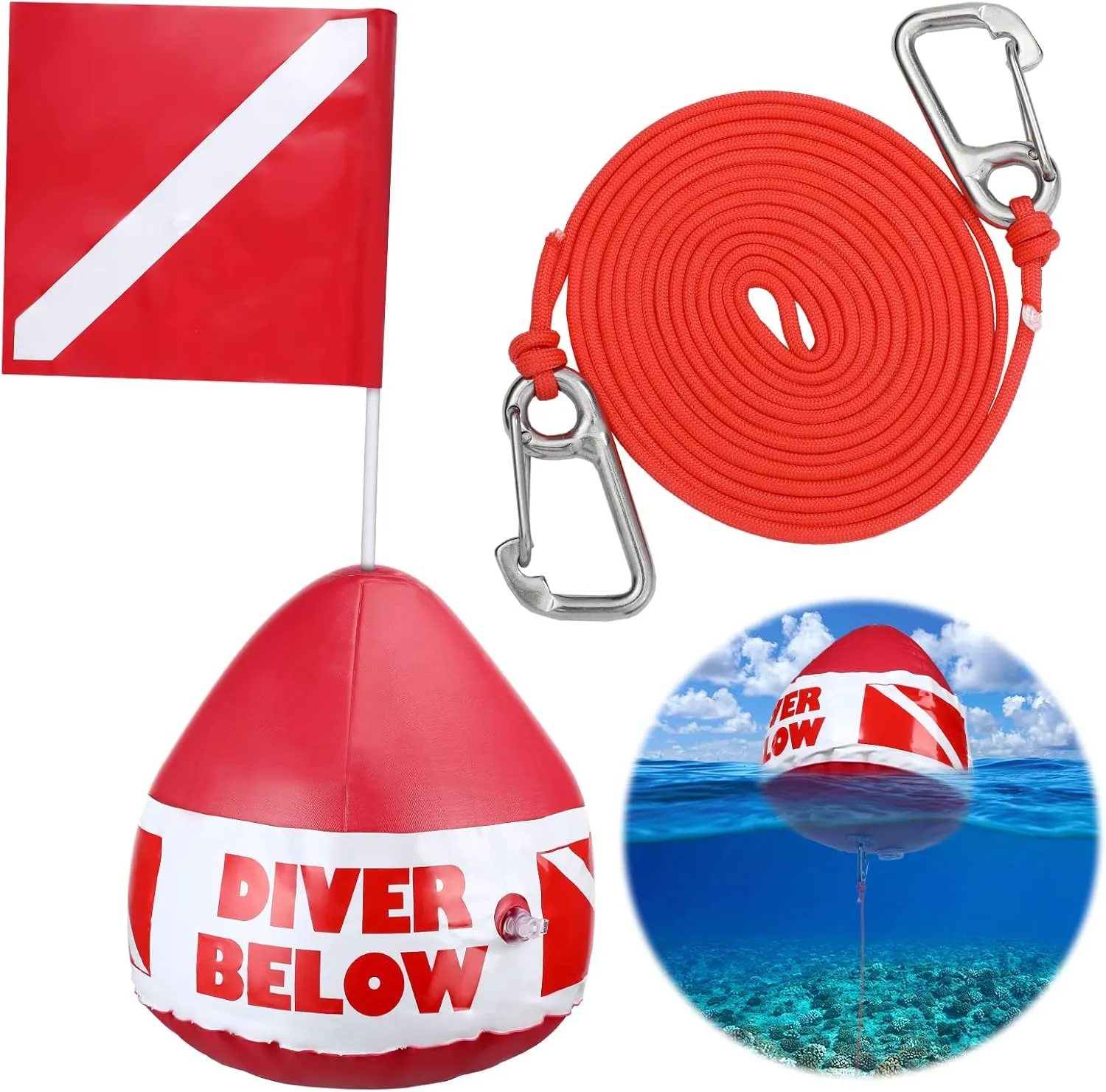Maitys Heavy Duty PVC Dive Flag Float Freediving Rope Set Inflatable Signal Floater with Dive Flag Freediving Lanyard Leash for Snorkeling Water Sport Signaling Swimming Boating Fishing