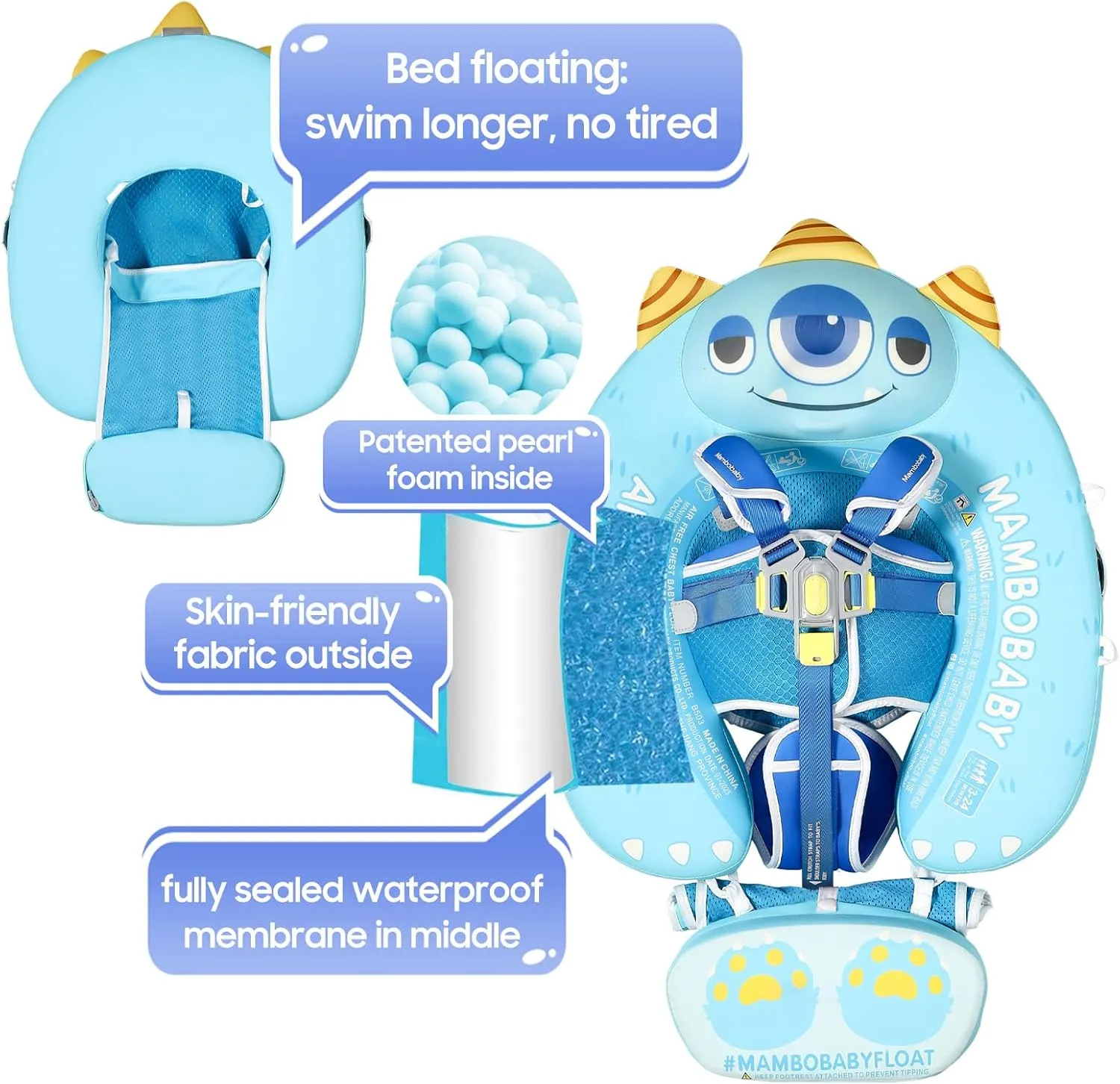 Mambobaby Float with Canopy UPF 50  Sun Protection Add Tail Non-Inflatable Solid Baby Pool Swim Float Mambo Smart Swim Trainer Infant Float Swim Ring for Baby Aged 3-24 Months