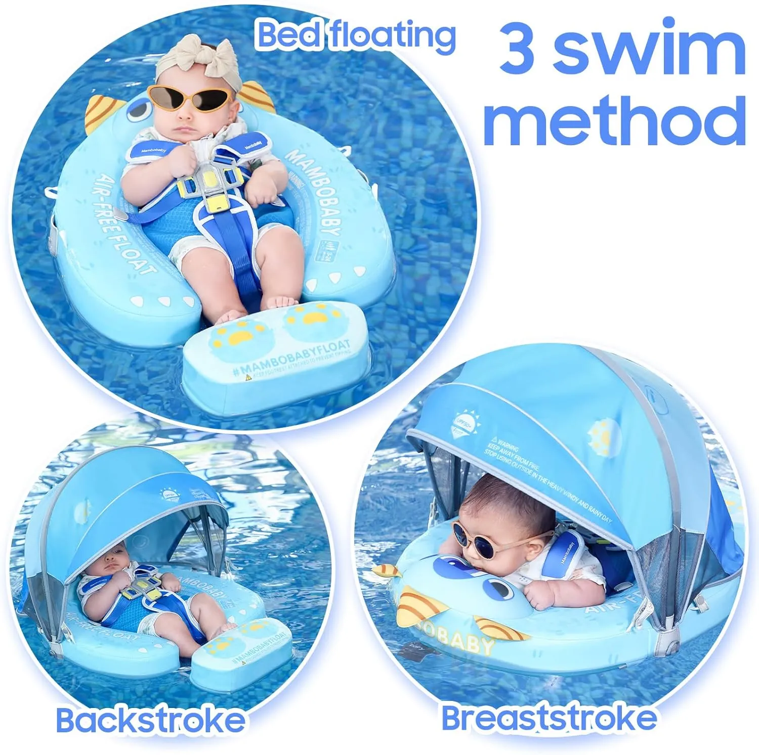 Mambobaby Float with Canopy UPF 50  Sun Protection Add Tail Non-Inflatable Solid Baby Pool Swim Float Mambo Smart Swim Trainer Infant Float Swim Ring for Baby Aged 3-24 Months