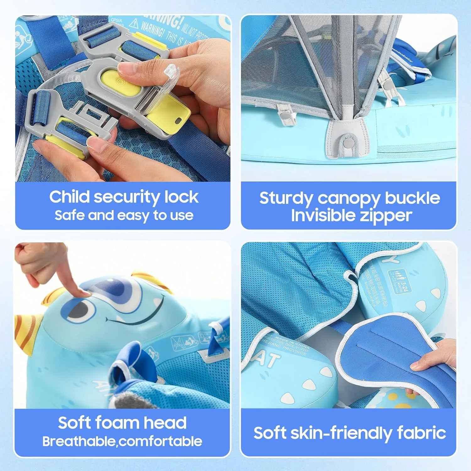 Mambobaby Float with Canopy UPF 50  Sun Protection Add Tail Non-Inflatable Solid Baby Pool Swim Float Mambo Smart Swim Trainer Infant Float Swim Ring for Baby Aged 3-24 Months