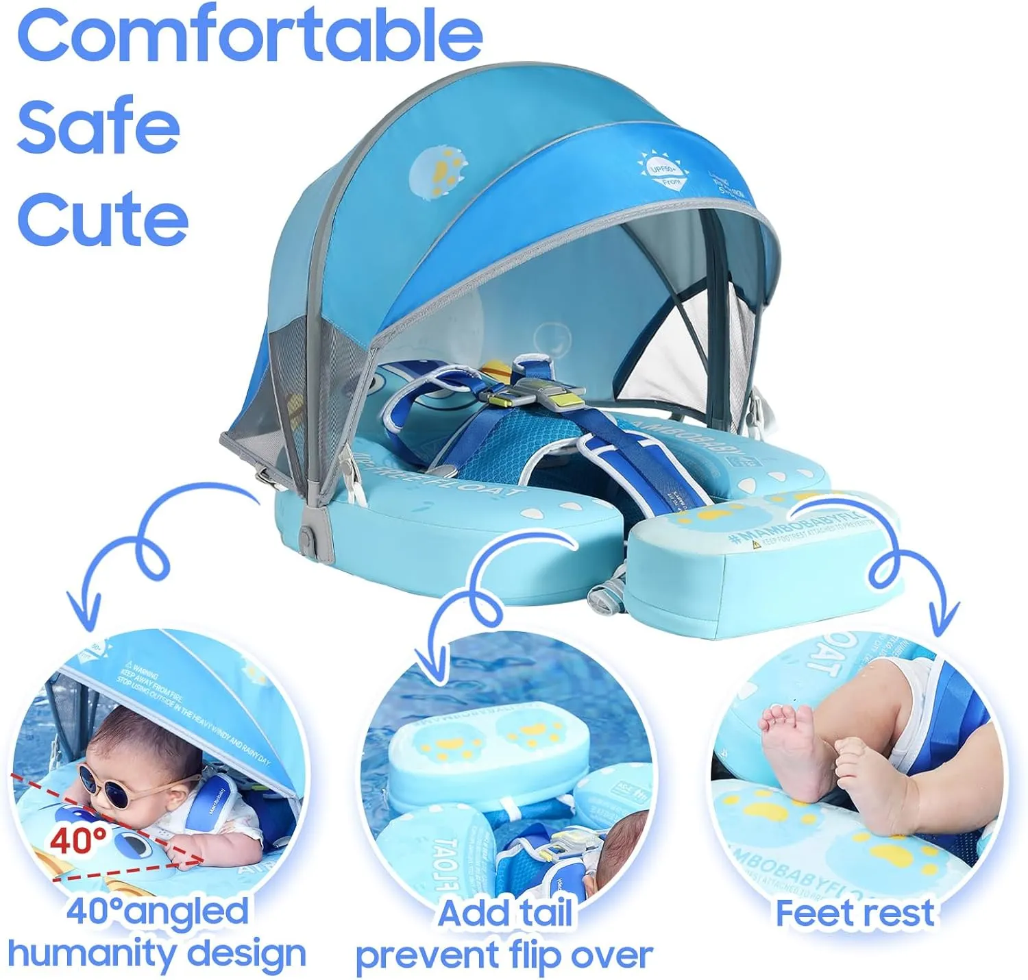 Mambobaby Float with Canopy UPF 50  Sun Protection Add Tail Non-Inflatable Solid Baby Pool Swim Float Mambo Smart Swim Trainer Infant Float Swim Ring for Baby Aged 3-24 Months