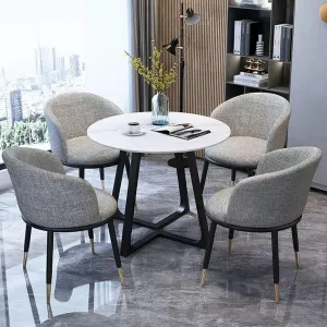 Marble Round Dining Table Set for 4 with Cotton Linen Chairs 5 Piece Set for Office Reception Room or Club,Grey One Size,Grey One Size