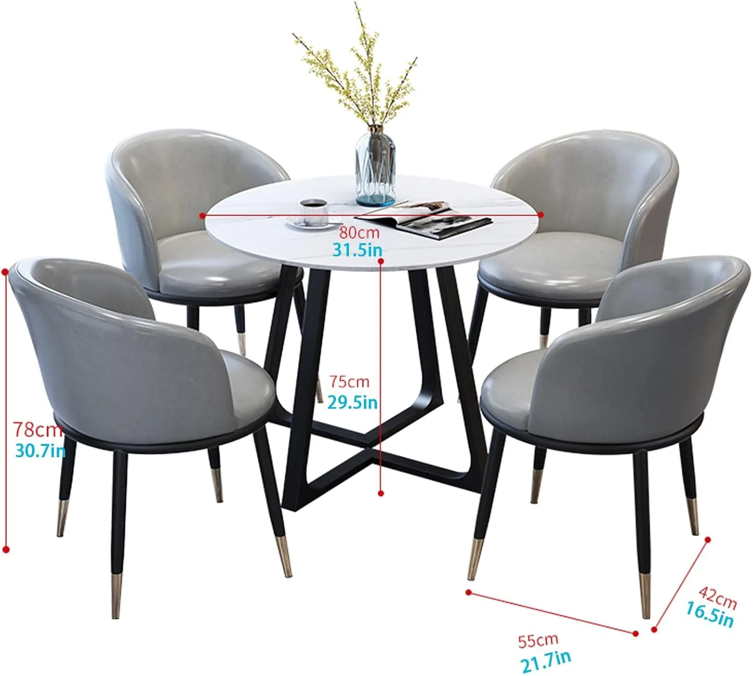 Marble Round Dining Table Set for 4 with Cotton Linen Chairs 5 Piece Set for Office Reception Room or Club,Grey One Size,Grey One Size